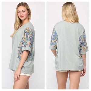 NEW Solid Dusty Mint & Floral Detail Top